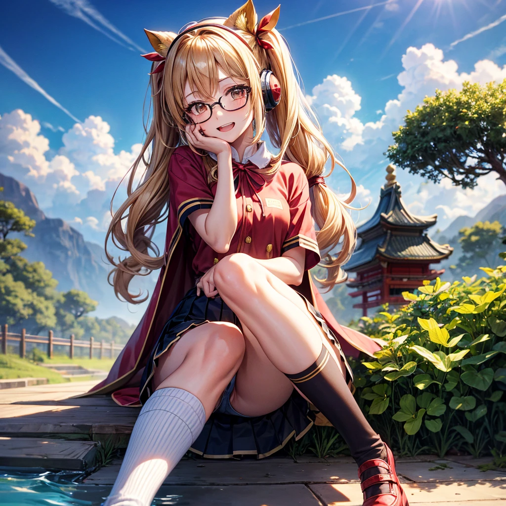 Pink gold golden hair、Golden Eyes、One good looking girl、Twin tails、solo、anime、Checkered mini skirt、The skirt has buttons、Red T-shirt、China、Cape、Black knee-high socks、Wearing headphones、Wearing a ribbon、Ribbon on waist、Tilting face、Teeth are visible、Sunset sky、Water Mountain、Piercing the clouds、Contrail、Glasses、tree、Sitting、Touching your face、lotus leaves、canal、Cumulonimbus