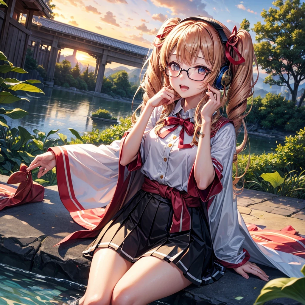 Pink gold golden hair、Golden Eyes、One good looking girl、Twin tails、solo、anime、Checkered mini skirt、The skirt has buttons、Red T-shirt、China、Cape、Black knee-high socks、Wearing headphones、Wearing a ribbon、Ribbon on waist、Tilting face、Teeth are visible、Sunset sky、Water Mountain、Piercing the clouds、Contrail、Glasses、tree、Sitting、Touching your face、lotus leaves、canal、Cumulonimbus