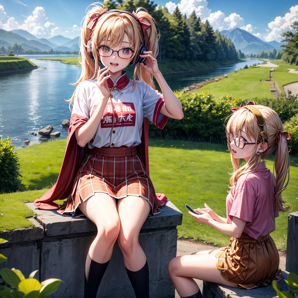 Pink gold golden hair、Golden Eyes、One good looking girl、Twin tails、solo、anime、Checkered mini skirt、The skirt has buttons、Red T-shirt、China、Cape、Black knee-high socks、Wearing headphones、Wearing a ribbon、Ribbon on waist、Tilting face、Teeth are visible、Sunset sky、Water Mountain、Piercing the clouds、Contrail、Glasses、tree、Sitting、Touching your face、lotus leaves、canal、Cumulonimbus