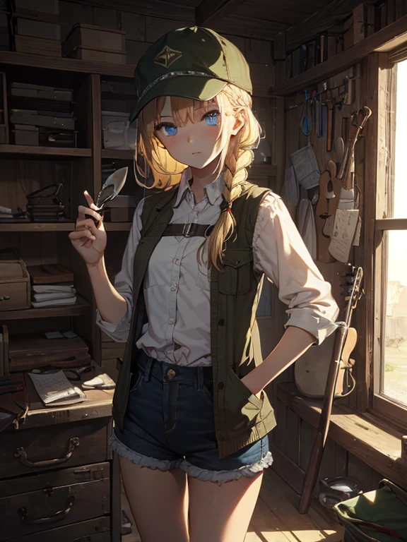 masterpiece, highest quality, Very detailed, 16k, Ultra-high resolution, Cowboy Shot, 1 girl aged 13, Detailed face, Perfect Fingers, blue eyes, Blonde, Braid, A vest with many pockets, Shorts, Exploring knife, Safari Hat, compass, binoculars, map, A cluttered room with lots of small items, Organizing tools