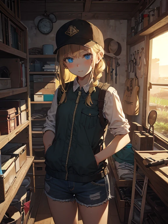 masterpiece, highest quality, Very detailed, 16k, Ultra-high resolution, Cowboy Shot, 1 girl aged 13, Detailed face, Perfect Fingers, blue eyes, Blonde, Braid, A vest with many pockets, Shorts, Exploring knife, Safari Hat, compass, binoculars, map, A cluttered room with lots of small items, Organizing tools