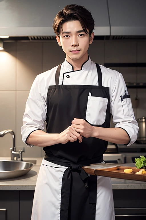 Male chef with a knife、standing with the whole body turned sideways