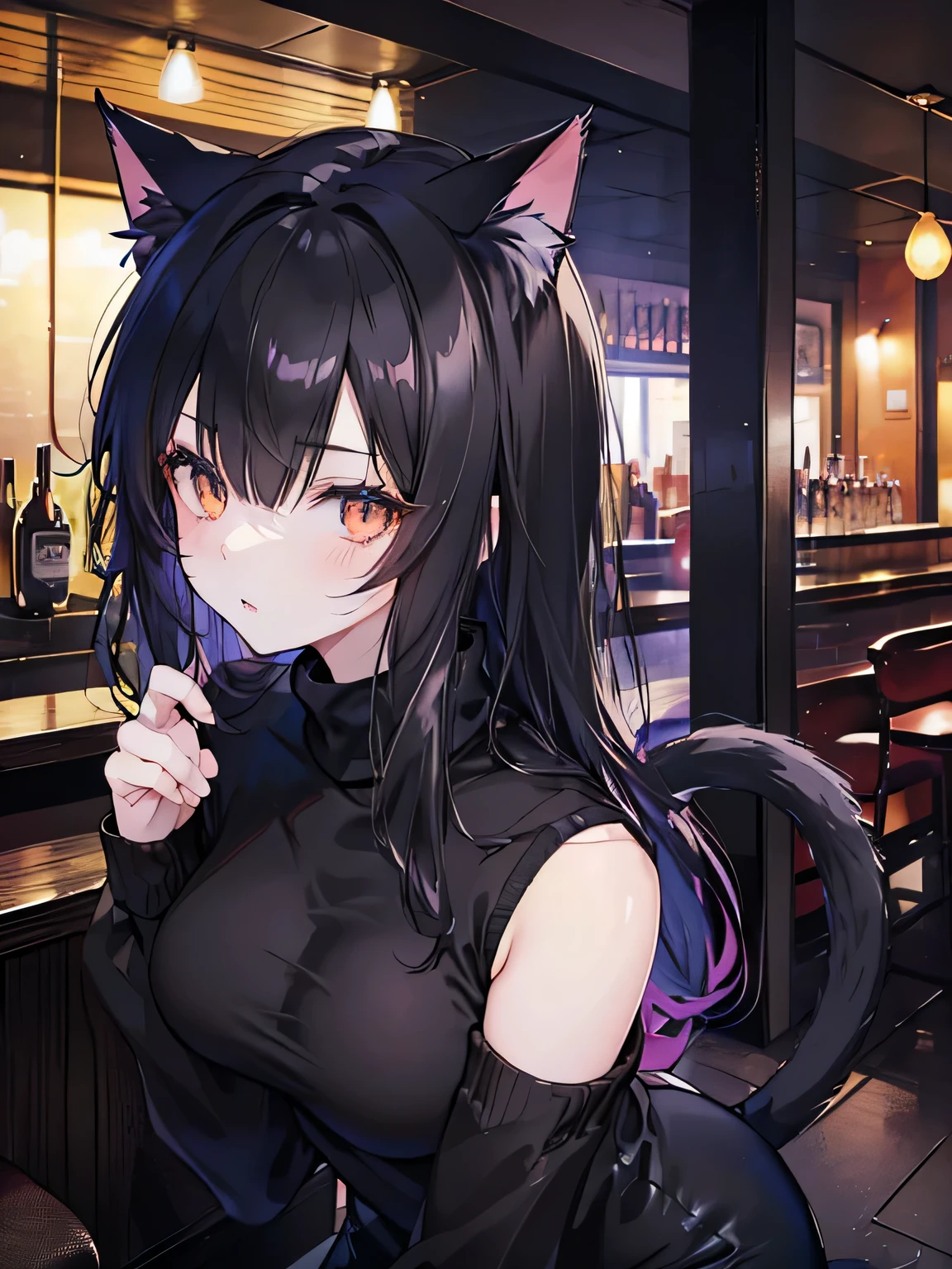 (Anime girl)), ((cat ears and tail)), ((black fluffy hair)), ((inside a bar)), ((full body)), ((looking back)), ((hand on hair)) ((black turtleneck sweater)) ((black jeans)) ((seductive face))
