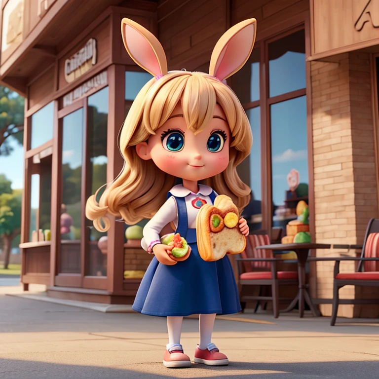 Shaped in the shape of a rabbit，The endorsement doll image holding a sandwich，Eating breakfast outside the store