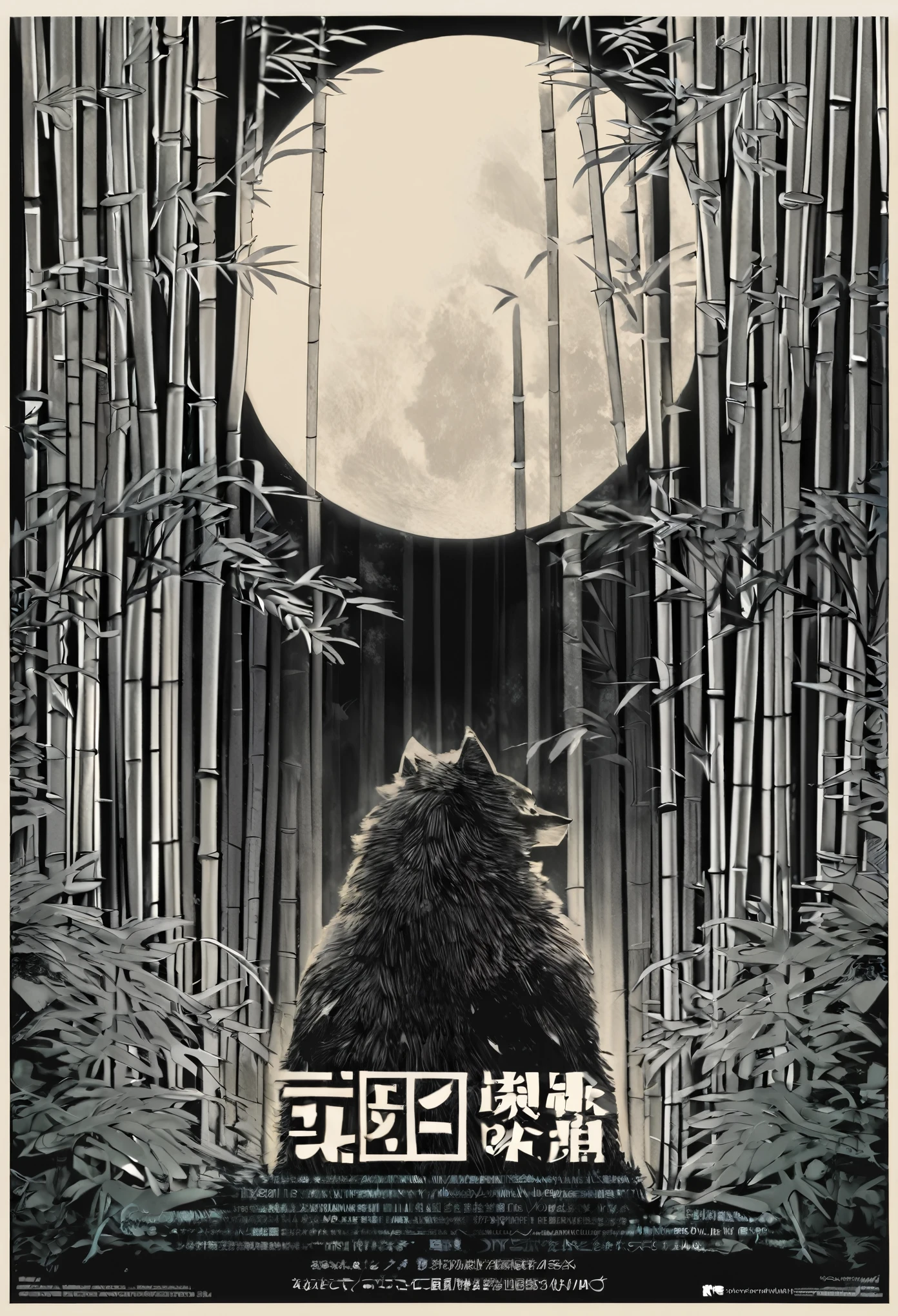 Top quality ultra-fine illustrations, movie poster, Zatoichi, Blind Swordsman, shuimobysim, Chōjū-jinbutsu-giga, picture scroll, monochrome(bamboo forest, dark night with beautiful full moon, rays of light through bamboo, backlighting) (beautiful face and eyes with great detail) absurdres perfect anatomy ((Beastman))) (furry, solo focus, Japanese kimono, ninja, samurai, sword with blue flames, battle duels) (furry anthro:1.7) ((((furry body, wolf facial features,  wolf body features)))) ((((wolf muzzle highly detailed fur)))) full body, sturdy look, shouting, combat regime (dynamic pose),
