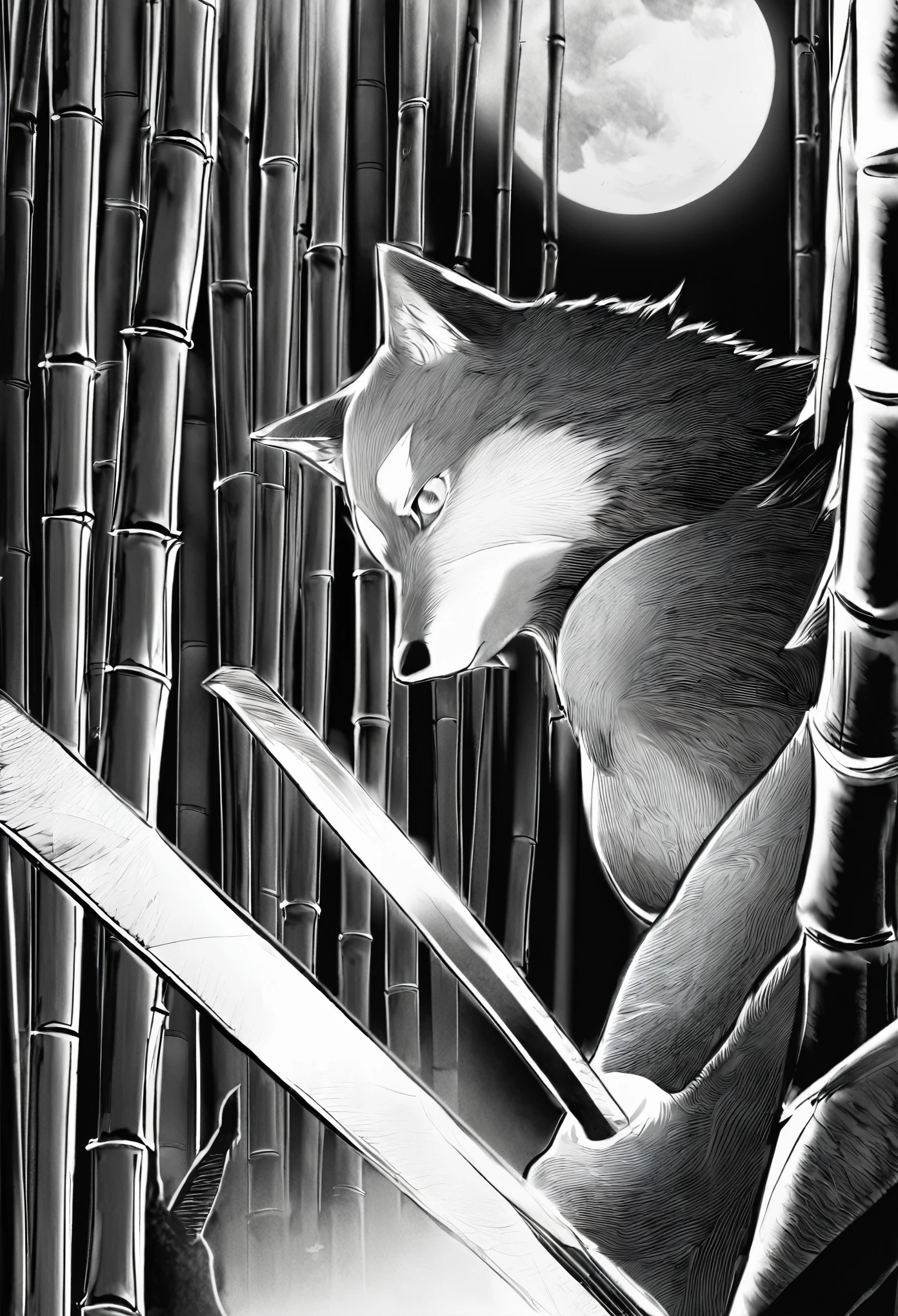 Top quality ultra-fine illustrations, movie poster, Zatoichi, Blind Swordsman, shuimobysim, Chōjū-jinbutsu-giga, picture scroll, monochrome(bamboo forest, dark night with beautiful full moon, rays of light through bamboo, backlighting) (beautiful face and eyes with great detail) absurdres perfect anatomy ((Beastman))) (furry, solo focus, Japanese kimono, ninja, samurai, sword with blue flames, battle duels) (furry anthro:1.7) ((((furry body, wolf facial features, wolf body features)))) ((((wolf muzzle highly detailed fur)))) full body, sturdy look, shouting, combat regime (dynamic pose),