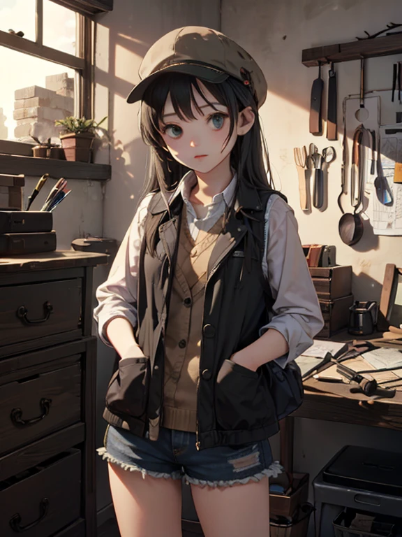 masterpiece, highest quality, Very detailed, 16k, Ultra-high resolution, Cowboy Shot, 1 girl aged 13, Detailed face, Perfect Fingers, black eye, Black Hair, Shortcuts, A vest with many pockets, Shorts, Exploring knife, Safari Hat, compass, binoculars, map, A cluttered room with lots of small items, Organizing tools