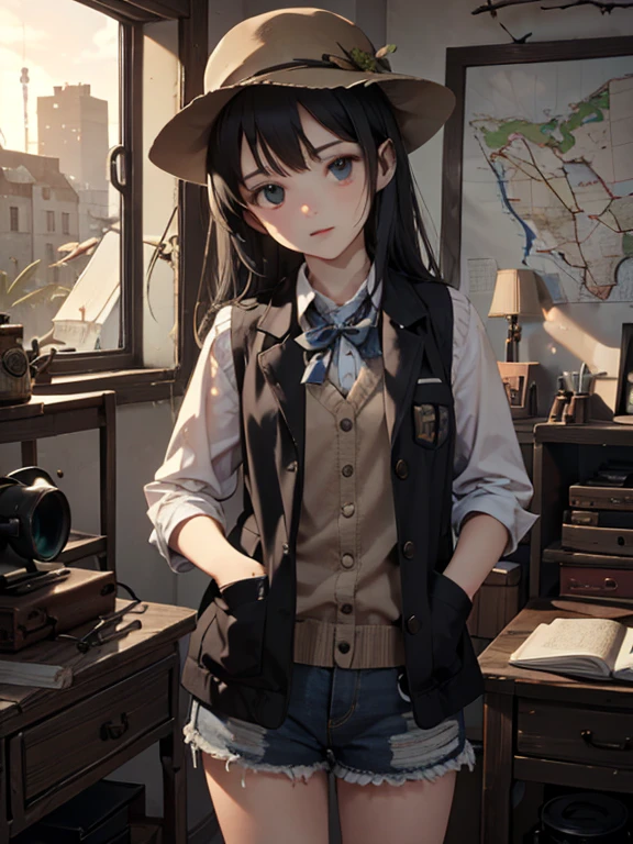 masterpiece, highest quality, Very detailed, 16k, Ultra-high resolution, Cowboy Shot, 1 girl aged 13, Detailed face, Perfect Fingers, black eye, Black Hair, Shortcuts, A vest with many pockets, Shorts, Exploring knife, Safari Hat, compass, binoculars, map, A cluttered room with lots of small items, Organizing tools