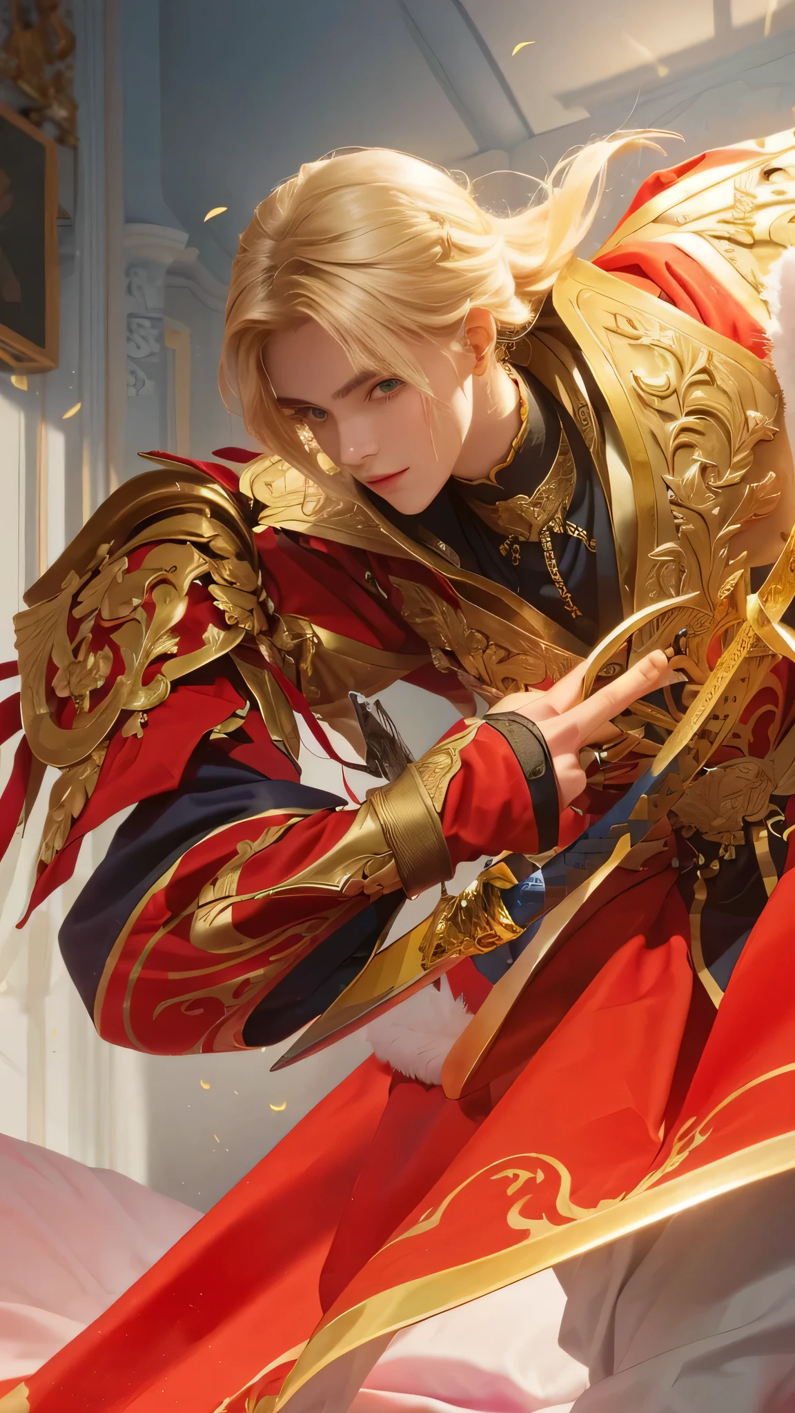 a close up of a person holding a sword in a room,