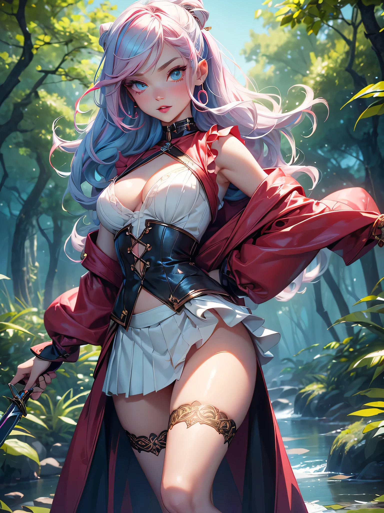 Master piece,best quality,ultra-detailed,high resolution,octane render,vndvalkyrie,(Two-toned hair with pink and light blue tips),shining hair,She has long eyelashes that add to her captivating appearance,(1 girl),white side-tie ,gold accents,pretty dress with lots of frills and embroidery, holding skirt hem with both hands, from below,Torn clothes,red Stockings,garter belt,seductive young woman,female focus,pointy breastsody,(perfect body),standing,midriff peek,black Choker with chains and Midi Ring,big bright green eyes,glowing eyes,(beautiful detailed eyes),highly detailed face and hair, detailed eyes,pale eyes,shining eyes,a well-defined nose,pinky skin,glowing and smooth skin,cute,cool,pale skin,faint lips,seductive and confident smile,open mouth.Blushing face,The overall image is of high quality, with a resolution of 4k or 8k. It is a masterpiece of art, holding hair ornament,vibrant colored lips. She has long eyelashes that add to her captivating appearance. The girl's hair is styled in a sleek and sophisticated,creating a visually stunning effect.adding to the overall appeal,holding_weapon,Dagger,shy,Blushing face,fantasy,sweat,steam,(in the Woods with tentacles),tentacles,dynamic angle,standing with arms up,