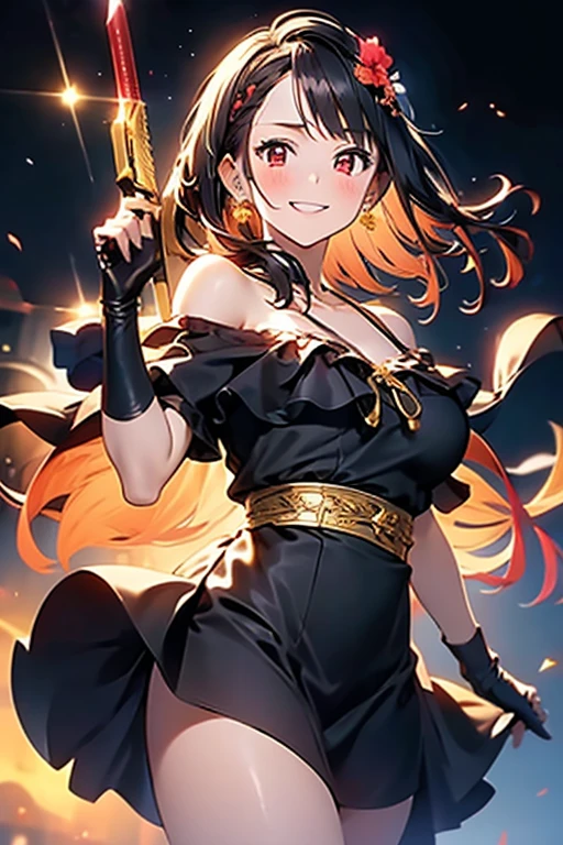 yor briar, anime style beutiful woman, 1girl, happy, smile, red face, closed mouth, beautiful detailed eyes, super detailed skin, backlighting, bare shoulders, black background, black dress, black gloves, black hair, breasts, dress, earrings, fingerless gloves, floating hair, floral print, flower, gloves, gold earrings, gold hairband, hair flower, hair ornament, hairband, holding, holding weapon, jewelry, large breasts, long hair, looking at viewer, off-shoulder dress, off shoulder,red eyes, short hair with long locks, sidelocks, solo, spikes, thighs, two-sided dress, two-sided fabric, weapon, fighting stance , face, close up, from above, highest quality, high resolution.