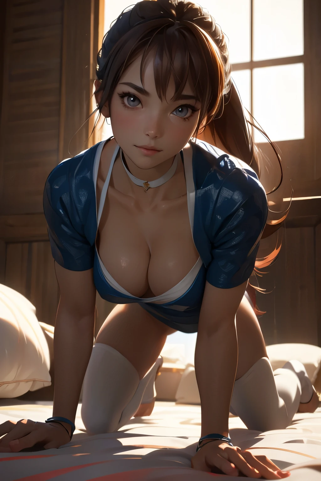 1girl, On all fours pose, on a big luxurious bed, crawling towards the viewer, (masterpiece), (best quality), Kasumi, blue japanese clothes, ((detailed)), ((best quality)), ((masterpiece)), extremely detailed CG unity 8k wallpaper, 32k, focus sharp, photo of perfecteyes eyes, perfecteyes eyes, Masterpiece, raw, beautiful art, professional artist, 8k, very detailed face, very detailed hair, perfectly drawn body, beautiful face, very detailed eyes, smiling, rosey cheeks, intricate details in eyes, perfect fit body, beautiful body, extremely detailed, intricate details, highly detailed, sharp focus, detailed skin, realistic skin texture, texture, detailed eyes, high resolution, kodak vision color, foto_\(ultra\), post-processing, maximum detail, roughness, real life, ultra realistic, photorealism, photography, absurdres, RAW photo, highest quality, high detail RAW color photo, professional photo, extremely detailed UHD 8k wallpaper unit, best quality, highres, (masterpiece, top quality, high resolution:1.4), photo, cinematic, film grain, sharp, soft natural light, magic photography, super detailed, anatomically correct, perfect anatomy