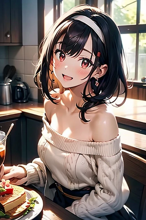 masterpiece, yor, 1girl, Amazing Cleavage:1.3, thin waist, big ass, Raised sexy, medium breast: 1.8 posed cleavage:1.2、solo, looking at viewer, open mouth, have a cup of coffee,black hair, red eyes, dress, bare shoulders, jewelry, collarbone, sidelocks, hairband, earrings, indoors, off shoulder, :o, sweater, arms behind back, plant, short hair with long locks, white hairband, off-shoulder dress, sweater dress, off-shoulder sweater, red sweater, big side hair, very long side hair,is rendered in (masterpiece: 1.2, best quality), with (ultra high resolution) and an exquisite (depth of field). This masterpiece is not only visually stunning but also tells, make of cake cooking ,in the kitchen