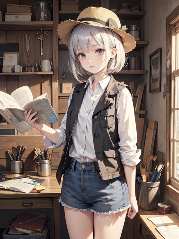 masterpiece, highest quality, Very detailed, 16k, Ultra-high resolution, Cowboy Shot, 1 girl aged 13, Detailed face, Perfect Fingers, black eye, Silver Hair, Bobcut, A vest with many pockets, Shorts, Exploring knife, Safari Hat, compass, binoculars, map, A cluttered room with lots of small items, Organizing tools