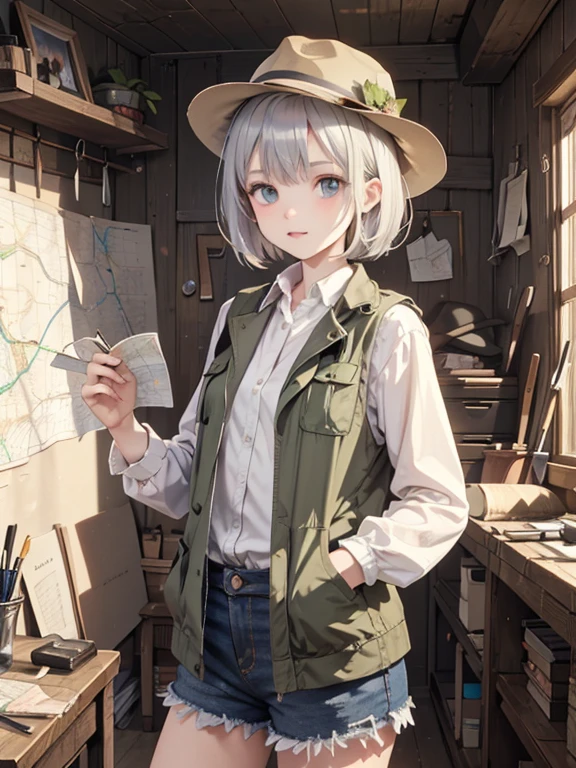 masterpiece, highest quality, Very detailed, 16k, Ultra-high resolution, Cowboy Shot, 1 girl , Detailed face, Perfect Fingers, black eye, Silver Hair, Bobcut, A vest with many pockets, Shorts, Exploring knife, Safari Hat, compass, binoculars, map, A cluttered room with lots of small items, Organizing tools