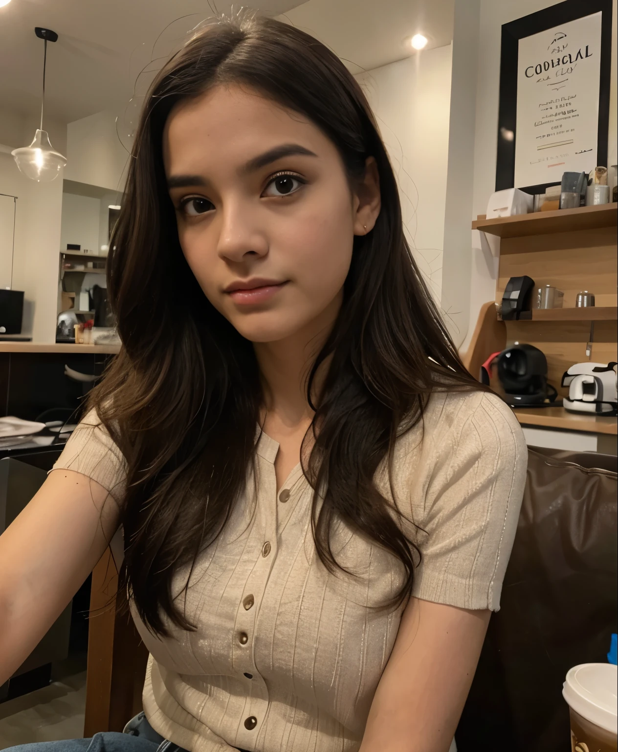 Photo d&#39;une jolie brune de 30 ans., elle a un visage très naturel,  thin lips, yeux fins, sourcils fins, nez fin, des boucles d&#39;oreilles, long cils. She takes a cute selfie in a cafe, Brillant, Diffuse light, Smooth, perfect skin reflects light, high detail
