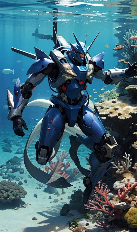 The mecha emerges from the sea ,Huge diving equipment. Cockpit on chest. Super huge. Realistic high-detail digital art. Blue armor that can be used for camouflage. Coral reef on body.、Lichen ,It's a bit rusty.