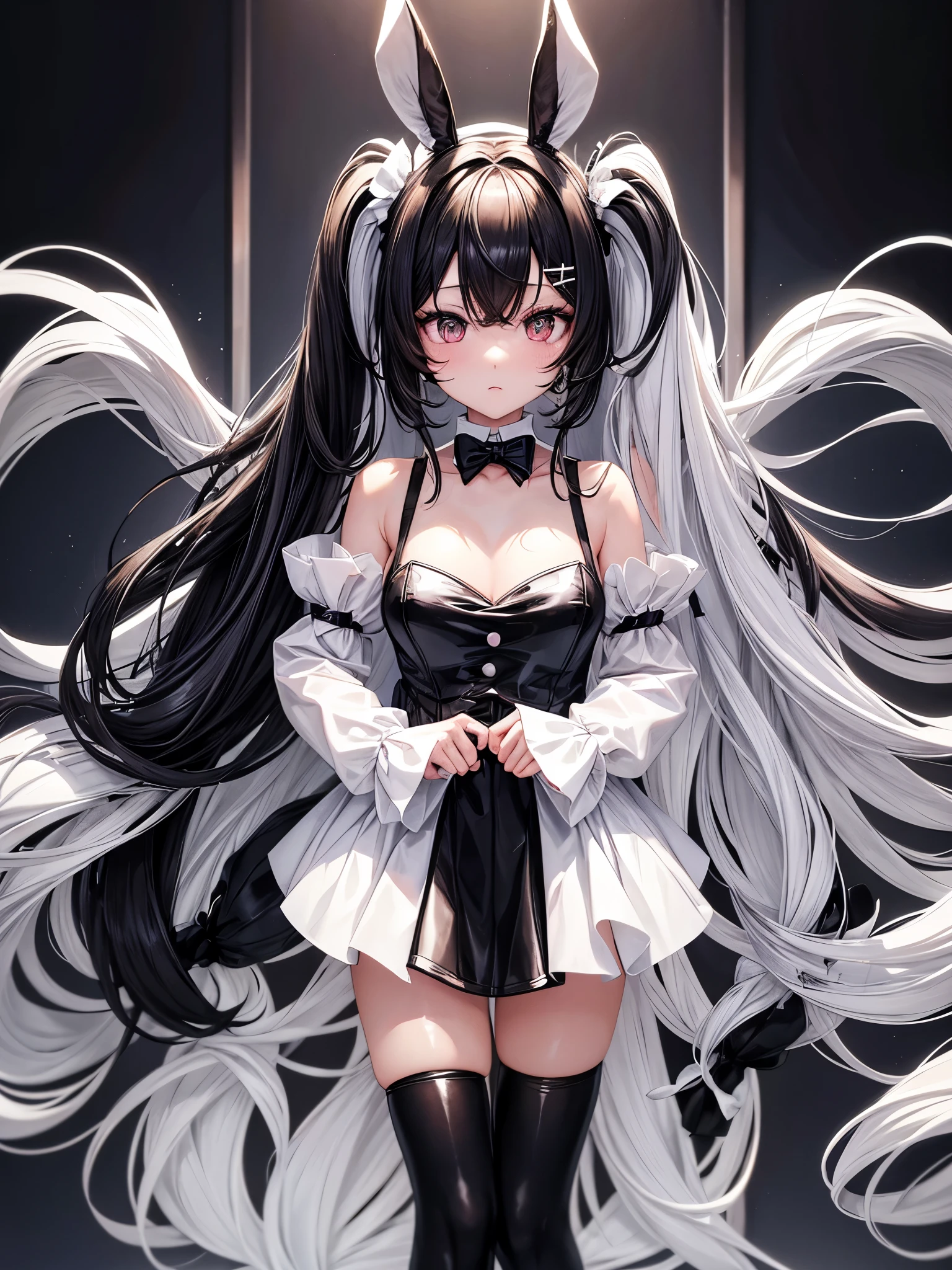 A long-haired black girl with black rabbit ears and a black rabbit tail is wearing a black bunny girl outfit.、has black eyes。The other was a girl with long white hair and white bunny ears and a white bunny tail.、She is wearing a white bunny girl outfit.、Has light grey eyes。