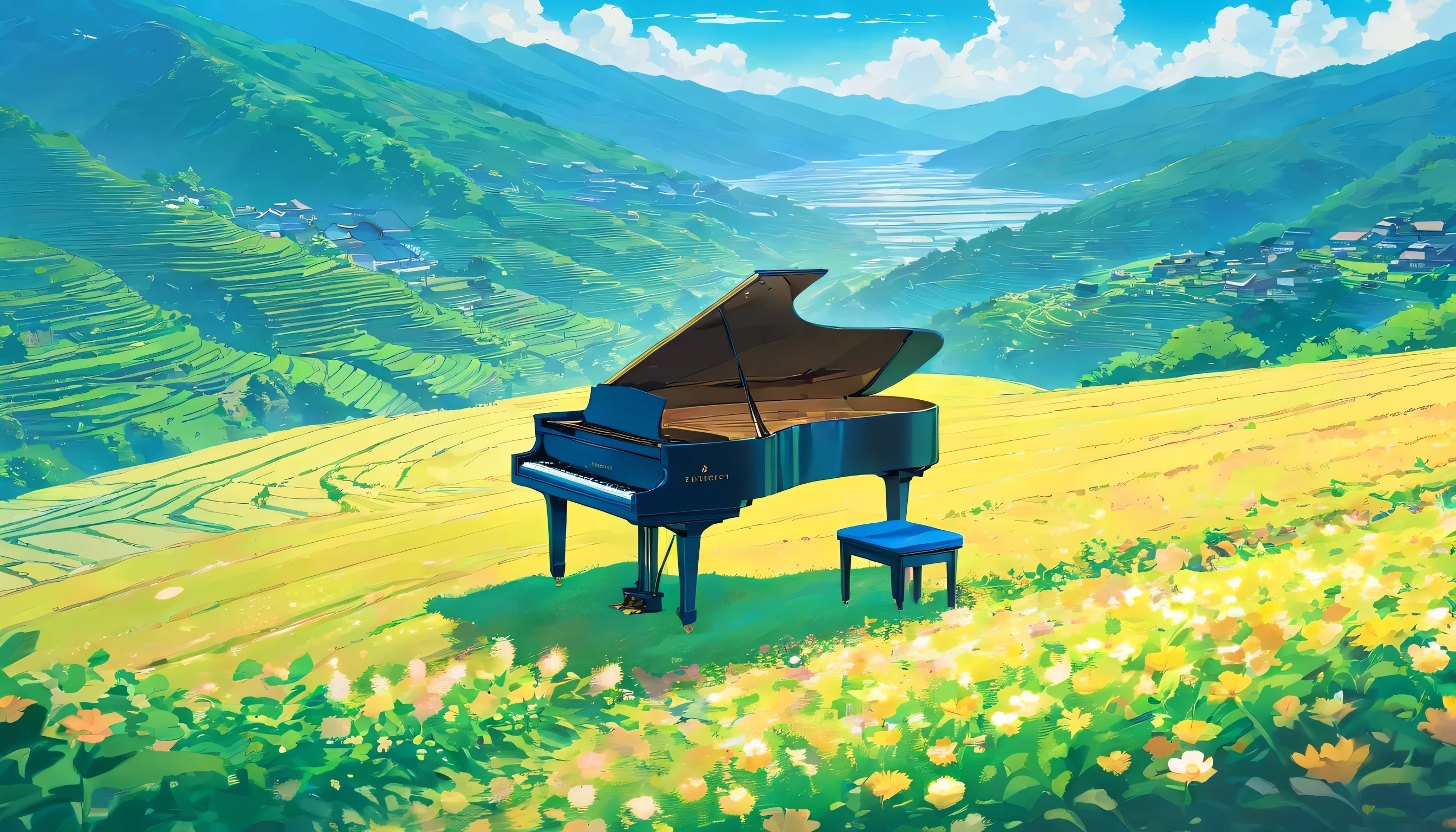 A grand piano in a flower field、The blue sky spreads across the sky、Rice terraces spreading out from the top of the mountain