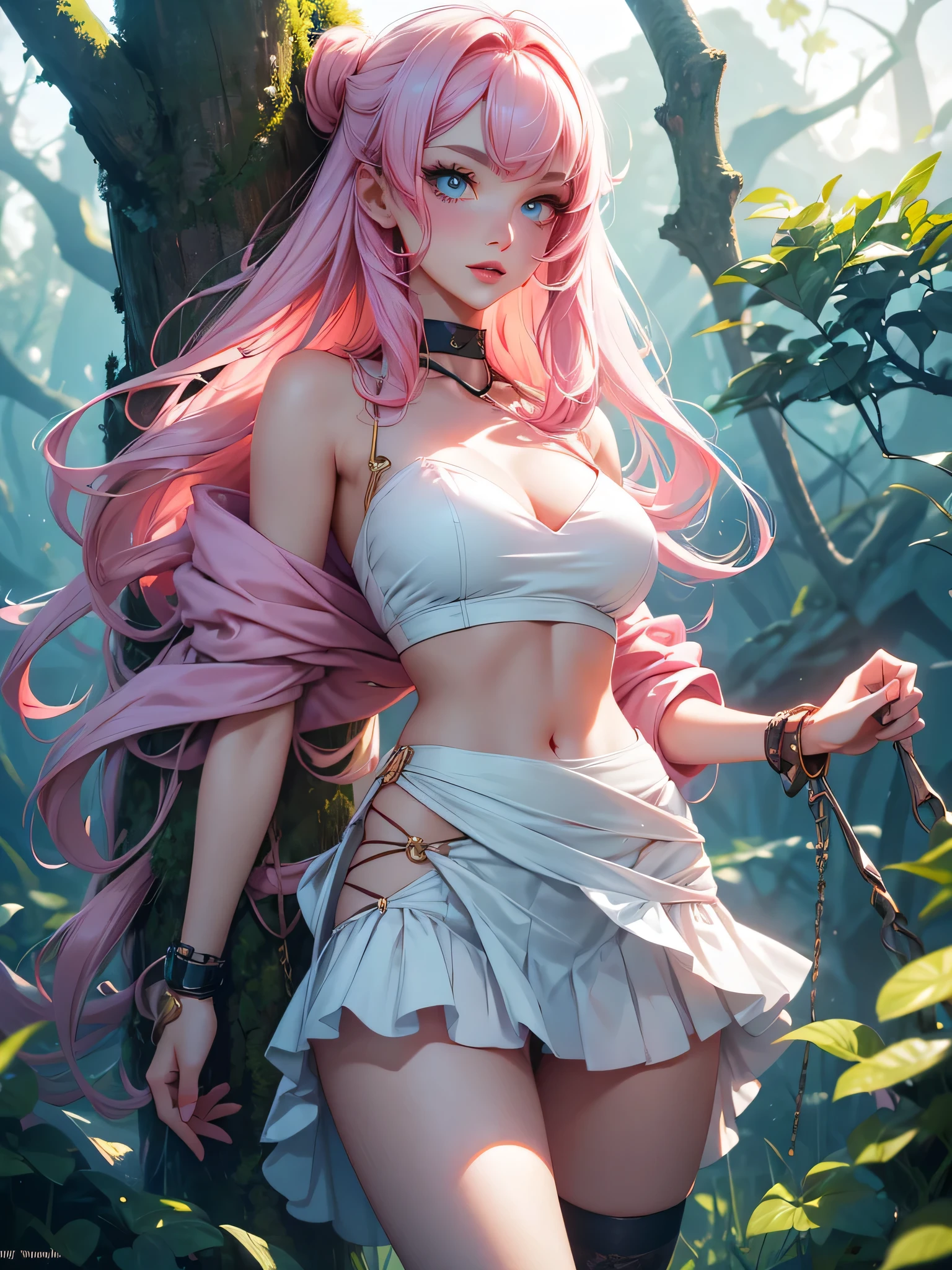 Master piece,best quality,ultra-detailed,high resolution,octane render,vndvalkyrie,(Two-toned hair with pink and light blue tips),shining hair,She has long eyelashes that add to her captivating appearance,(1 girl),white side-tie panties,gold accents,pretty dress with lots of frills and embroidery, holding skirt hem with both hands, from below,Torn clothes,red Stockings,garter belt,seductive young woman,female focus,pointy breasts,full body,(perfect body),standing,midriff peek,black Choker with chains and Midi Ring,big bright green eyes,glowing eyes,(beautiful detailed eyes),highly detailed face and hair, detailed eyes,pale eyes,shining eyes,a well-defined nose,pinky skin,glowing and smooth skin,cute,cool,pale skin,faint lips,seductive and confident smile,open mouth.Blushing face,The overall image is of high quality, with a resolution of 4k or 8k. It is a masterpiece of art, holding hair ornament,vibrant colored lips. She has long eyelashes that add to her captivating appearance. The girl's hair is styled in a sleek and sophisticated,creating a visually stunning effect.adding to the overall appeal,holding_weapon,Dagger,shy,Blushing face,fantasy,sweat,steam,(in the Woods with tentacles),tentacles,dynamic angle,standing with arms up,tentacle pit,excited expression towards the camera,