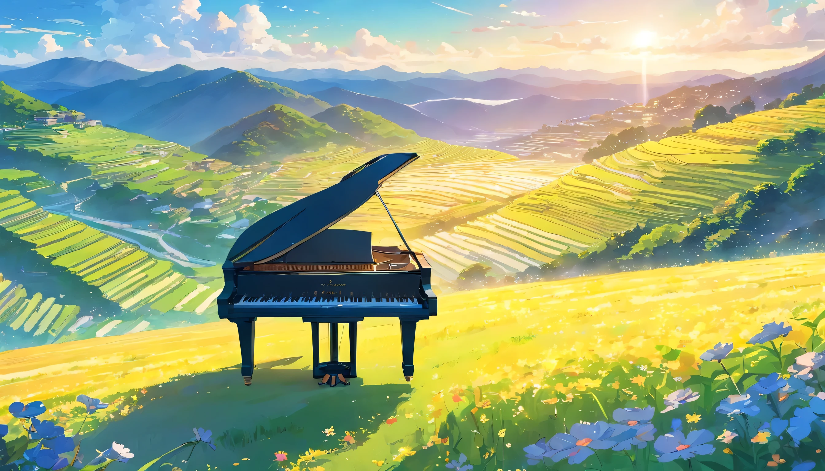 A grand piano in a flower field、The blue sky spreads across the sky、Rice terraces spreading out from the top of the mountain