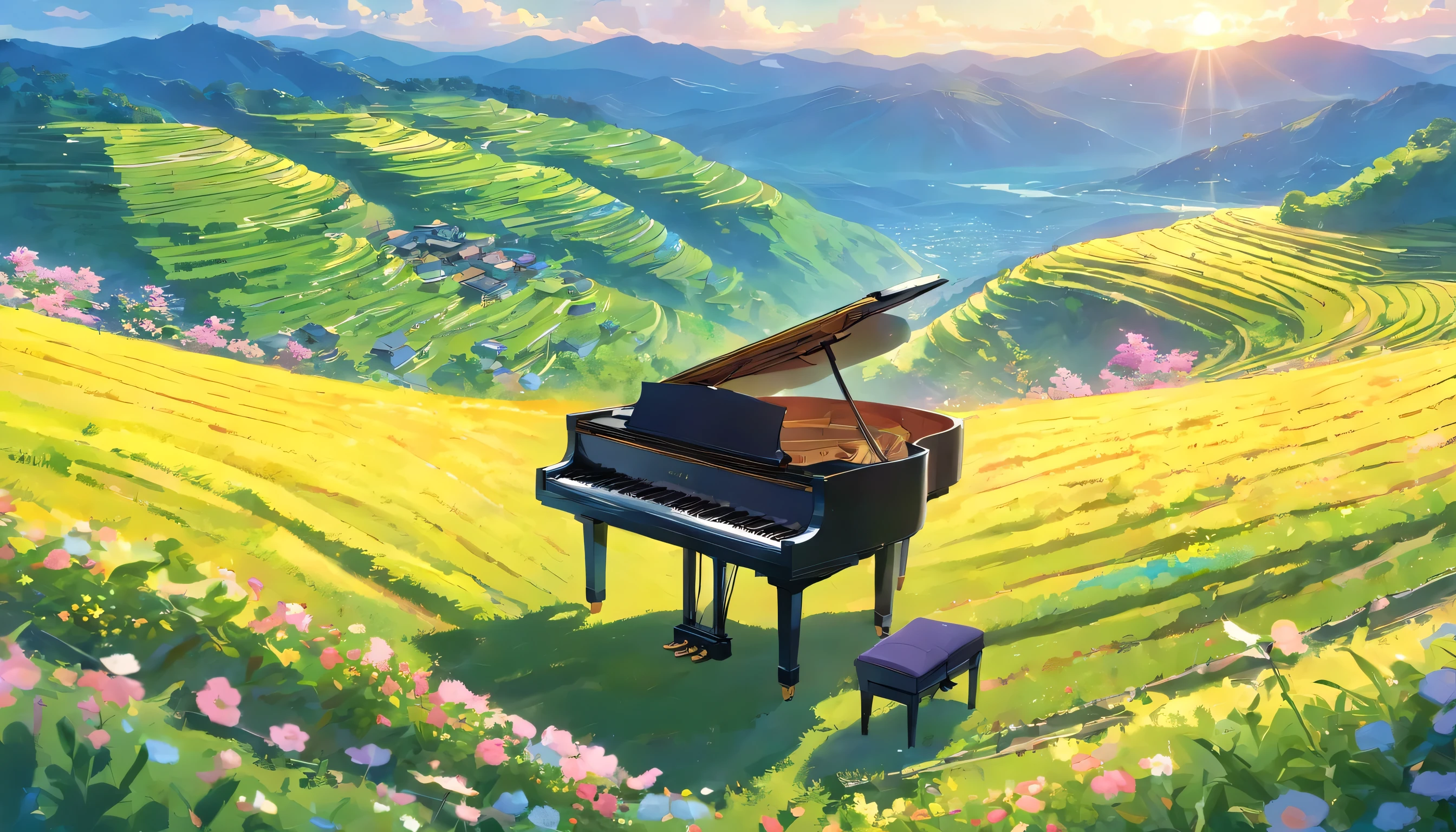 A grand piano in a flower field、The blue sky spreads across the sky、Rice terraces spreading out from the top of the mountain