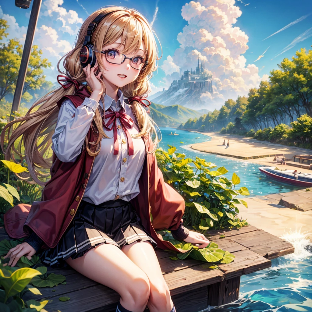 Pink gold golden hair、Golden Eyes、One good looking girl、Twin tails、solo、anime、Checkered mini skirt、The skirt has buttons、Red T-shirt、China、Cape、Black knee-high socks、Wearing headphones、Wearing a ribbon、Ribbon on waist、Tilting face、Teeth are visible、Sunset sky、Water Mountain、Piercing the clouds、Contrail、Glasses、tree、Sitting、Touching your face、lotus leaves、canal、Cumulonimbus