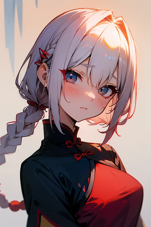 Short white hair, blush, Red and navy blue、China dress、Headbang 2.、Braiding、2 hair clips、sexy、