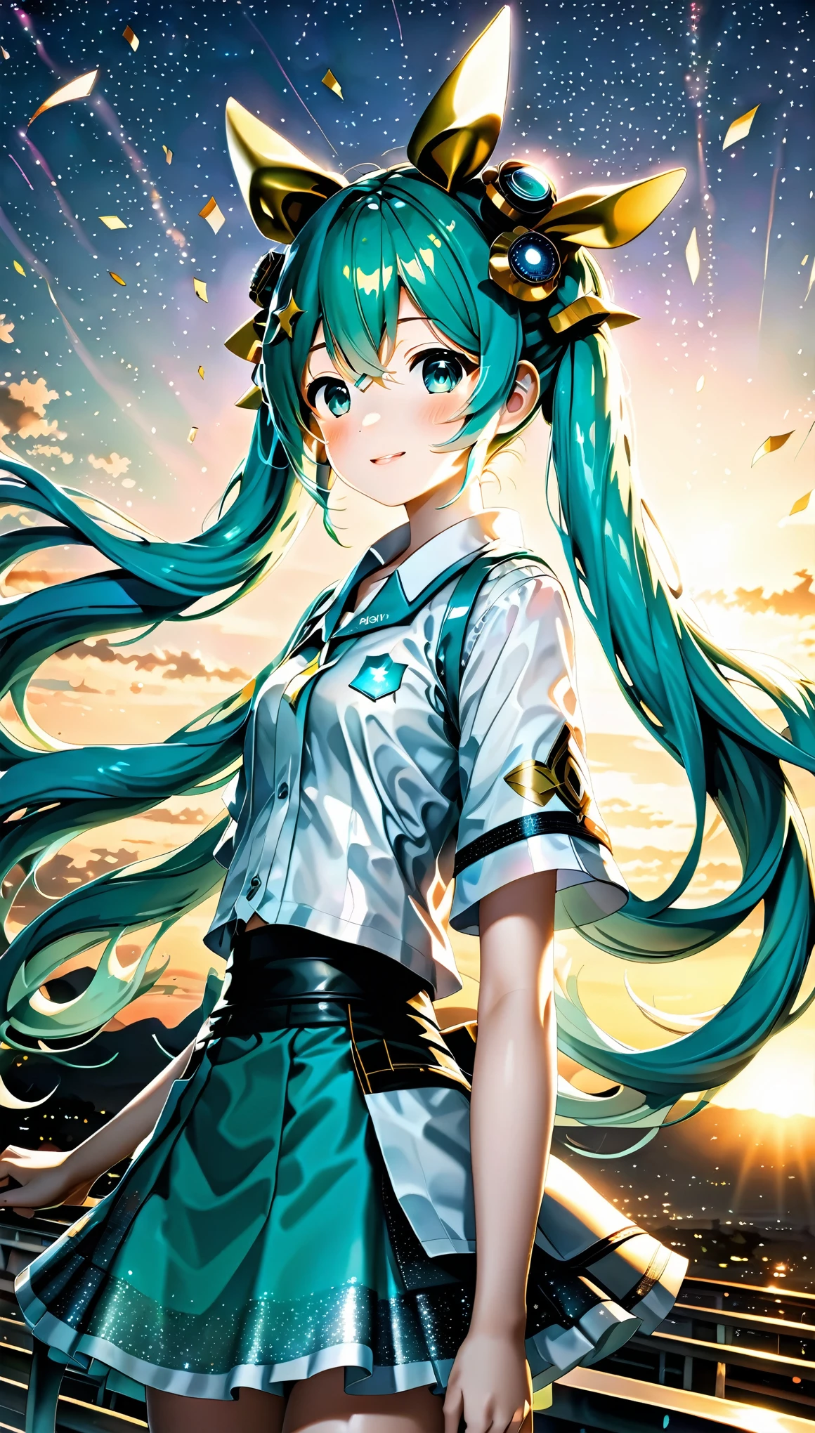 With high-definition images,(1girl who drew Hatsune Miku、Extremely detailed、Cowboy hat highlights big eyes、Well-designed clothing,With sequins and holographic effects、Delicate facial features and playful expressions、Clever digital art retouching、 rest、Cowboy background、dusty road、Sunset in the background、Lasso in hand、High-contrast lighting creates depth and texture、Hatsune Miku'Bright colors stand out in an earthy scene、 rest、Hatsune Miku'S face close-up、Express determination and excitement、Freckles and visible pores、Show realism。
