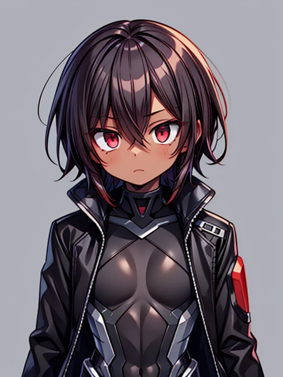 dark skin, male, ((short dark brown hair)), big red eyes and a very androgynous face, wearing a black exoskeleton bodysuit and a long black coat taimanin with sliver accent, black armoured taimanin_suit,