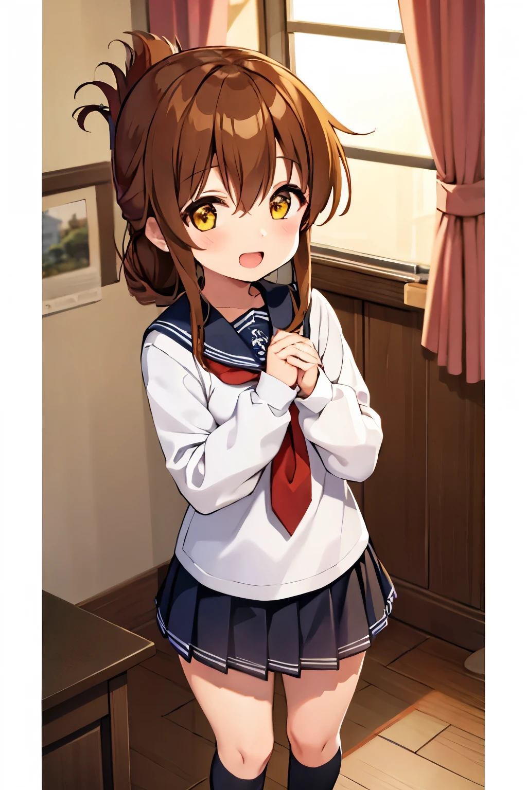 long hair, looking at viewer, blush, smile, open mouth, multiple girls, skirt, brown hair, shirt, long sleeves, 2girls, hair between eyes, brown eyes, , yellow eyes, white shirt, pleated skirt, serafuku, socks, indoors, black skirt, sailor collar, neckerchief, pillow, kneehighs, window, curtains, black socks, carrying, red neckerchief, black sailor collar, folded ponytail, anchor symbol, princess carry, inazuma \(kancolle\),