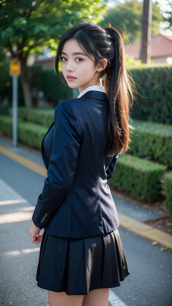 (masterpiece, highest quality:1.4), award-winning portraits, 8K, 85mm, alone, beautiful face, delicate girl, , (dark navy blazer jacket, turn your arms behind your back, close your face:1.2), dark navy skirt, long sleeve, violaces, gardenia, grace, Sophisticated, cute, teen, looking at the viewer, 15 years old, Raw photo, disorganized, HDR, sharp focus, A bow tie, background bokeh、(((flat 、thin and delicate body、A childish atmosphere)))、shiny semi-long hair、ponytail、Mole on the left cheek、large, round, dark blue eyes、(knee shot)、the skirt is swaying in the wind、((Uplifting、come running to me、hair waving in the wind))、