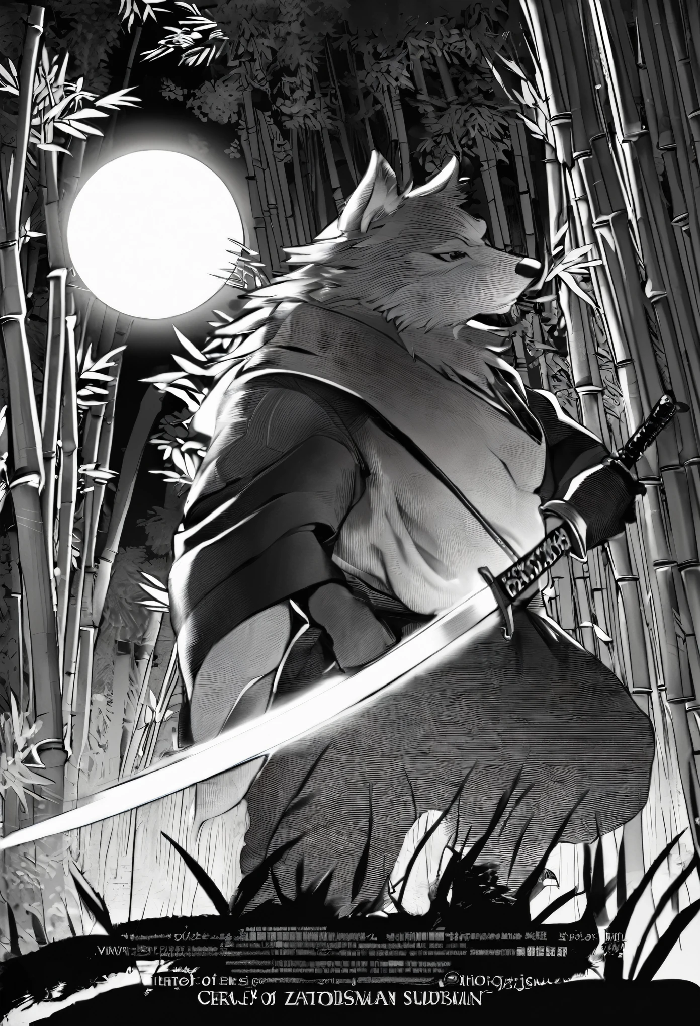 Top quality ultra-fine illustrations, movie poster, Zatoichi, Blind Swordsman, shuimobysim, Chōjū-jinbutsu-giga, picture scroll, monochrome(bamboo forest, dark night with beautiful full moon, rays of light through bamboo, backlighting) (beautiful face and eyes with great detail) absurdres perfect anatomy ((Beastman))) (furry, solo focus, Japanese kimono, ninja, samurai, sword with blue flames, battle duels) (furry anthro:1.7) ((((furry body, wolf facial features, wolf body features)))) ((((wolf muzzle highly detailed fur)))) full body, sturdy look, shouting, combat regime (dynamic pose),