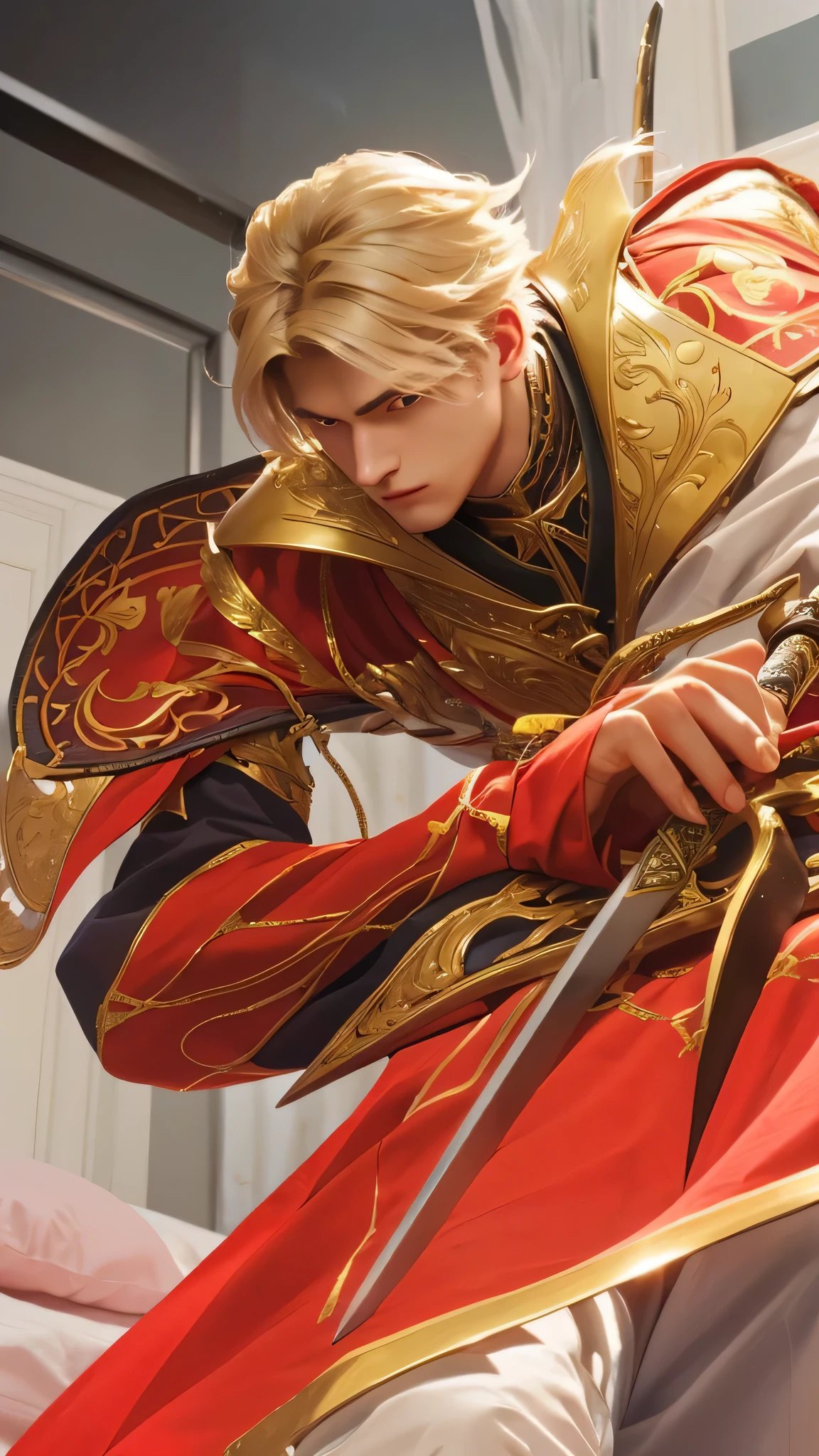 boy a close up of a person holding a sword in a room,