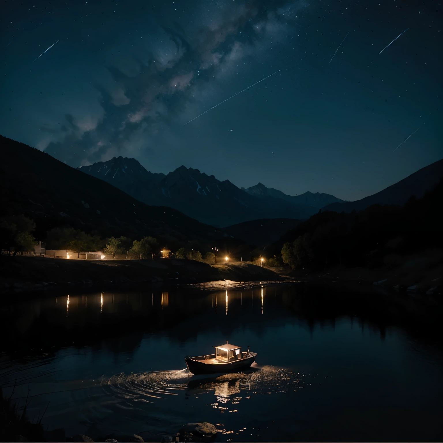 A small boat on a mountain and a river in the night sky Ink painting  