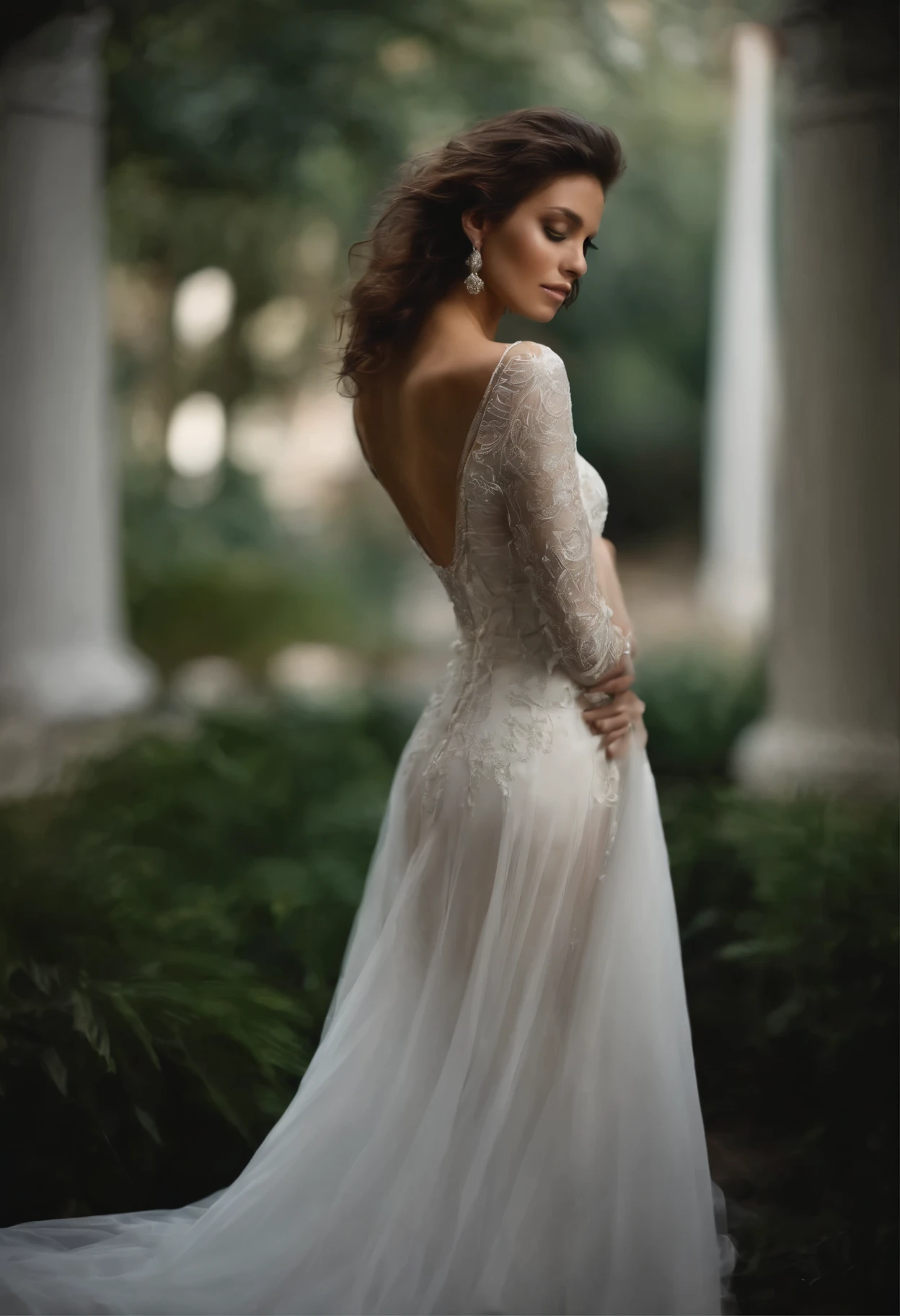 A captivating, divine being with cascading silver locks, elegantly draped in a flowing gown, gracefully gliding up in the air like magic, floating above an enraptured audience, showcasing her modeling expertise on a grand catwalk,medium full shot