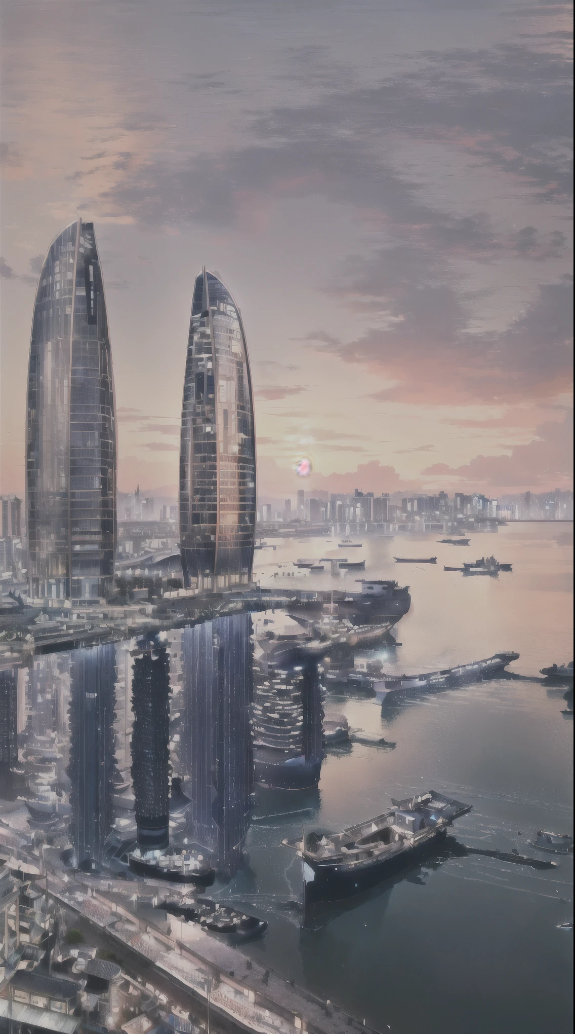 Boats docked in the water near a city with tall buildings, Shenzhen, foster and partners, by Zha Shibiao, Panorama, Full view, two giant towers, inspired by Zha Shibiao, circular towers, Queen of the Sea Mu Yanling, Guangjian, Look from above, Ultra wide-angle lens, Wide-angle lens