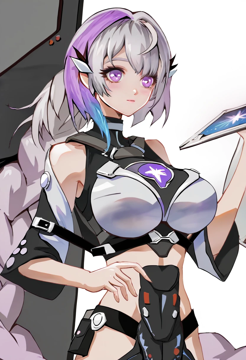 yinji,1 Girl,Solitary,purple_hair,purple_Eye,Very_long_hair,grey_hair,Braided_Ponytail,Large target_breast,slope_hair,