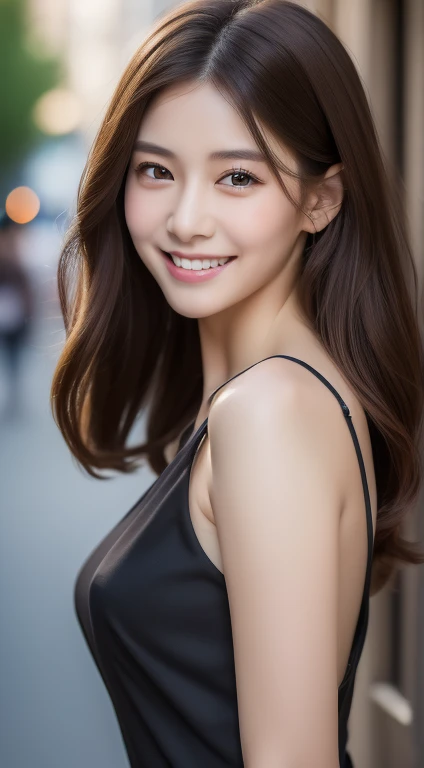 ((highest quality, 8k, masterpiece :1.3)), One girl, smile, whole body, Slim face, Beautiful woman, (Dark brown hair), Full-length dress :1.1, Highly detailed face, Fine grain, double eyelid, Blur the background, Slim face, city, outside, street,camisole