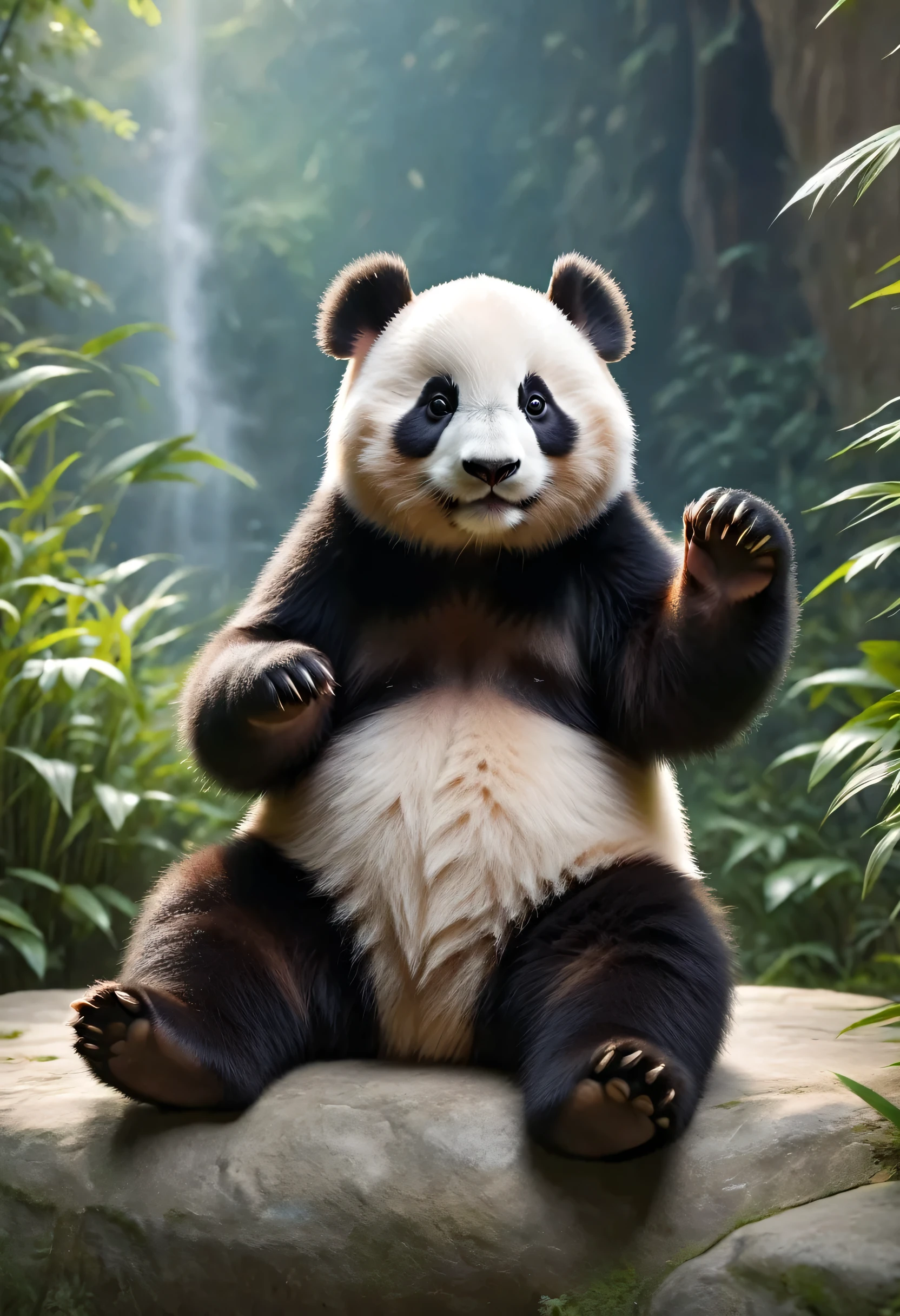 [Cute Panda greets the viewers,Panda close-up, Raise your hand,Sitting,Anatomically correct,smile,Pierre＝Art by Auguste Renoir and Jeremy Mann, (Viewpoint angle:1.2), Realistic, Ray Tracing, Beautiful lighting,masterpiece,The best composition,The best balance,:RAW Photos,National Geographic,Photorealistic,Cute Panda,The best masterpiece,Fluffy Panda,happiness,Beautiful light and shadow,Reality,Blurred Background:0.35]