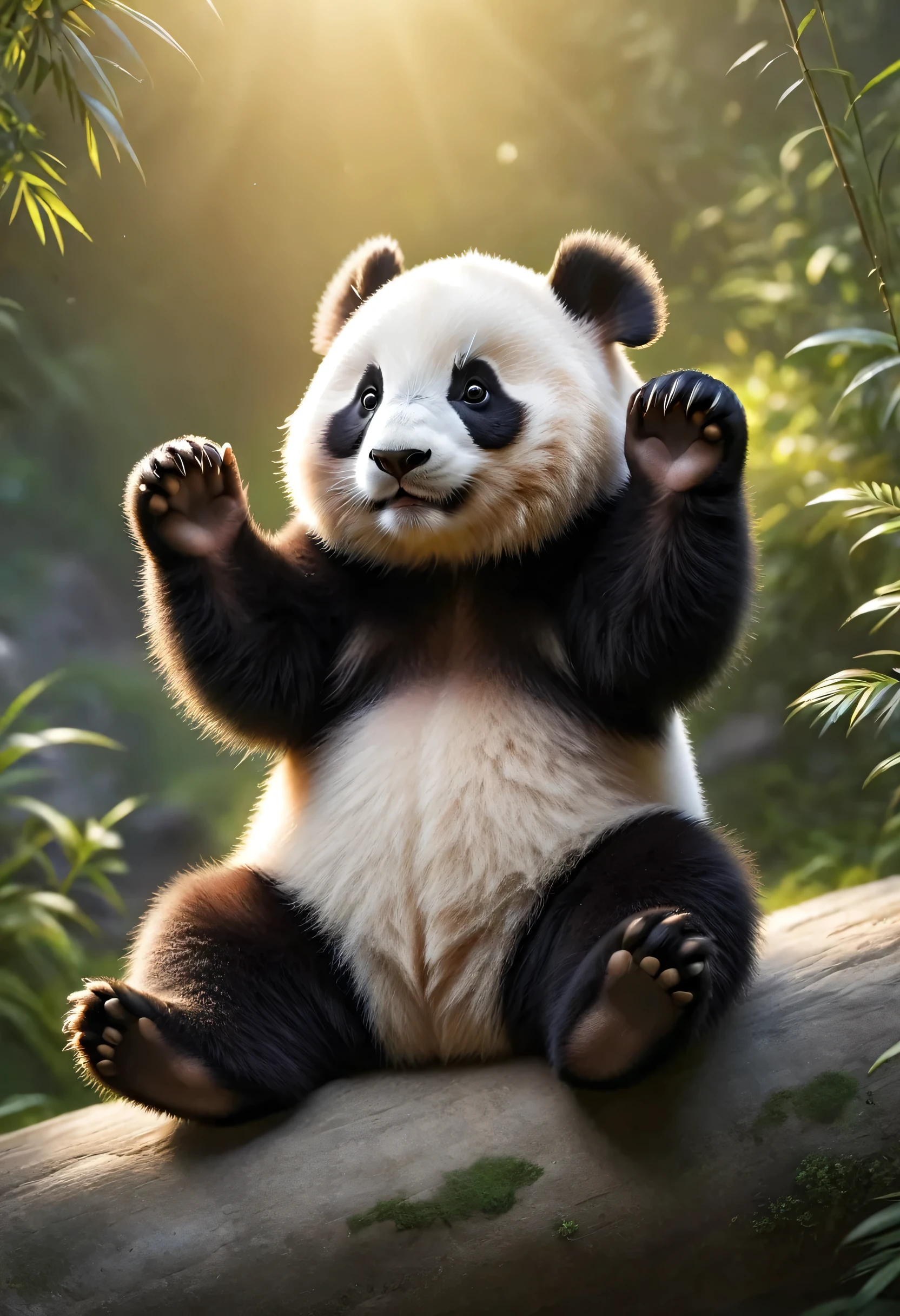 [Cute Panda greets the viewers,Panda close-up, Raise your hand,Sitting,Anatomically correct,smile,Pierre＝Art by Auguste Renoir and Jeremy Mann, (Viewpoint angle:1.2), Realistic, Ray Tracing, Beautiful lighting,masterpiece,The best composition,The best balance,:RAW Photos,National Geographic,Photorealistic,Cute Panda,The best masterpiece,Fluffy Panda,happiness,Beautiful light and shadow,Reality,Blurred Background:0.35]