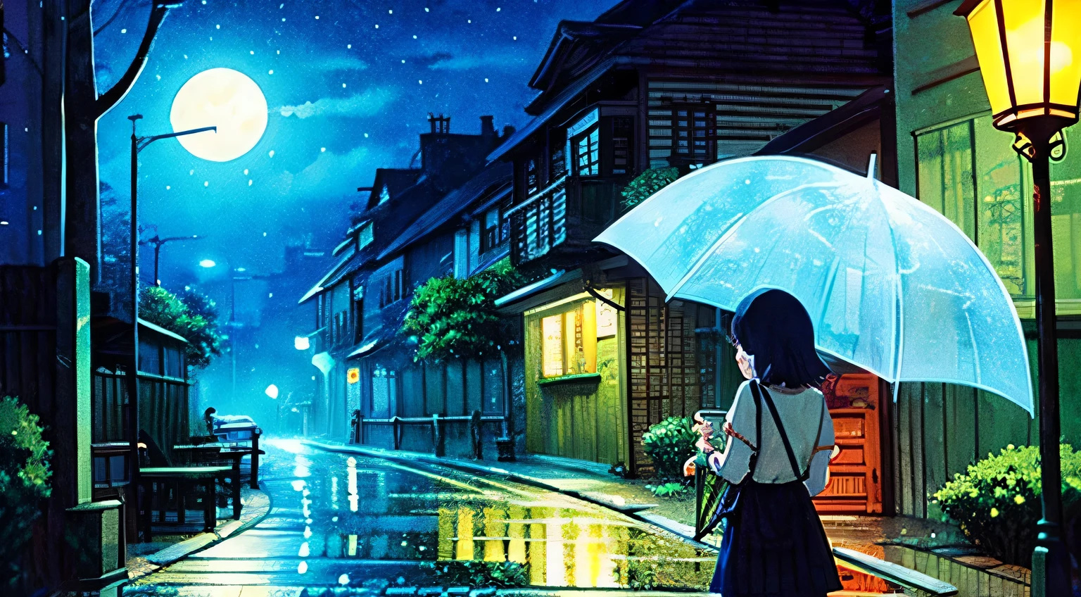 rain Cafe night Ghibli-style illustrations