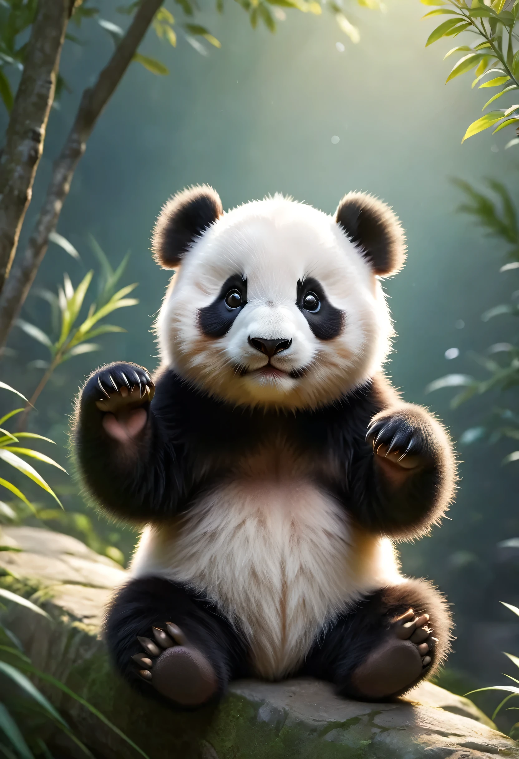 [Cute Panda greets the viewers,Panda close-up, Raise your hand,Anatomically correct,smile,Pierre＝Art by Auguste Renoir and Jeremy Mann, (Viewpoint angle:1.2), Realistic, Ray Tracing, Beautiful lighting,masterpiece,The best composition,The best balance,:RAW Photos,National Geographic,Photorealistic,Cute Panda,The best masterpiece,Fluffy Panda,happiness,Beautiful light and shadow,Reality,Blurred Background:0.35]