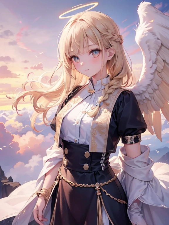 masterpiece, highest quality, Very detailed, 16k, Ultra-high resolution, Cowboy Shot, One 14-year-old girl, Detailed face, Perfect Fingers, Angel halo on head, Golden Eyes, Blonde, Braid, Thin and light clothing, Angel wings growing on the back, Above the Clouds, temple, Fantastic landscape, Flying on angel wings