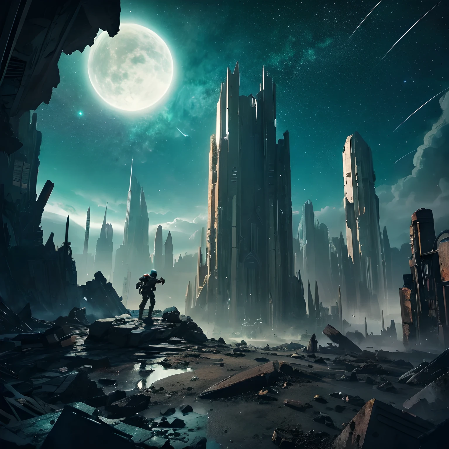 Rough concrete ruins rise in one corner of the vast planet.
Countless shooting stars in a starry sky that feels like a magnificent universe suggest the end of life.Stunningly detailed backgrounds.8k.4k.
