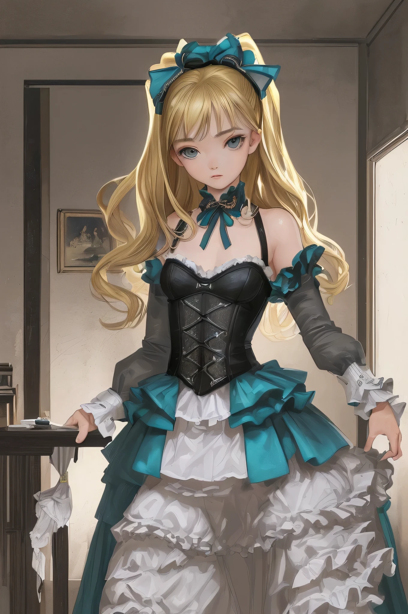 ((highest quality)), ((masterpiece)), (detailed), Perfect Face, One girl, Standing in my bedroom in the middle of the night. The background is also realistic. (Sydney Sweeney). ((blonde)), This image depicts her in detail.. The surroundings are blurred、Girls are emphasized. Sharp colors and vivid brightness. Thick outline. The textures are distinct、It needs to be very visible. The fabric of her clothing should have a realistic texture.. High resolution and extremely detailed. A contrast between hyper-realism and artistic lines.