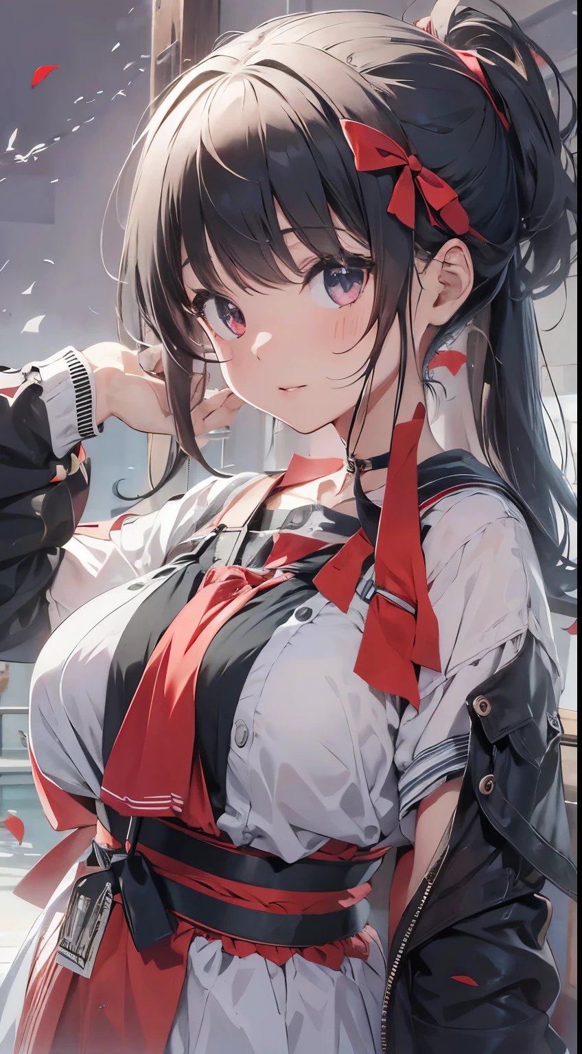 Black Hair、Red ribbon、high quality、student、