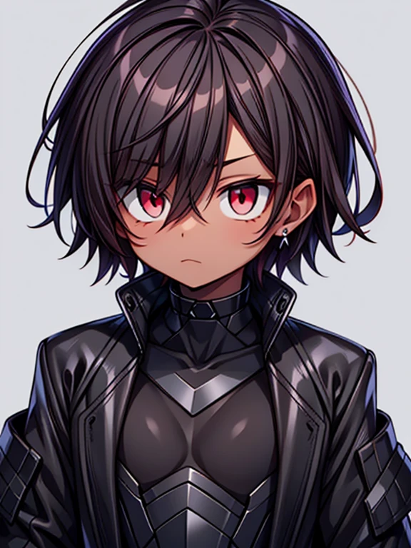 dark skin, male, ((short dark brown hair)), big red eyes and a very androgynous face, wearing a black exoskeleton bodysuit and a long black coat taimanin with sliver accent, black armoured taimanin_suit,