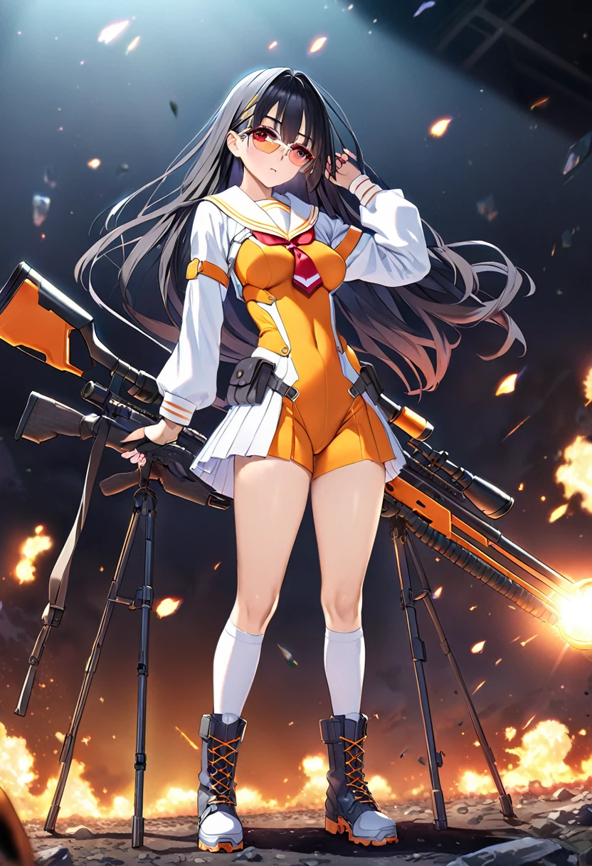 masterpiece、highest quality、Ultra-high resolution、Maximum resolution、Very detailed、Professional Lighting、anime、woman、thin、so beautiful、high school girl、White sailor suit、White knee-high socks、Equipped with a sniper rifle、Red Eye、Black Hair、long hair、Fingerless gloves、Tactical Boots、Equipped with transparent orange shooting glasses、Equipped with a chest rig、Standing alone on the battlefield