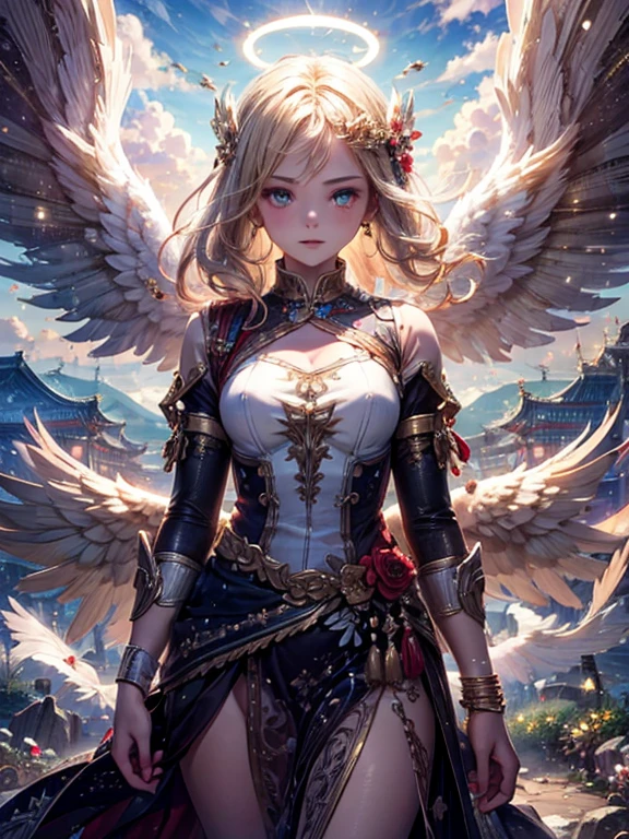 masterpiece, highest quality, Very detailed, 16k, Ultra-high resolution, Cowboy Shot, One -yeld gi Detailed face, Perfect Fingers, Angel halo on head, Golden Eyes, Blonde, Braid, Thin and light clothing, Angel wings growing on the back, Above the Clouds, temple, Fantastic landscape, Flying on angel wings